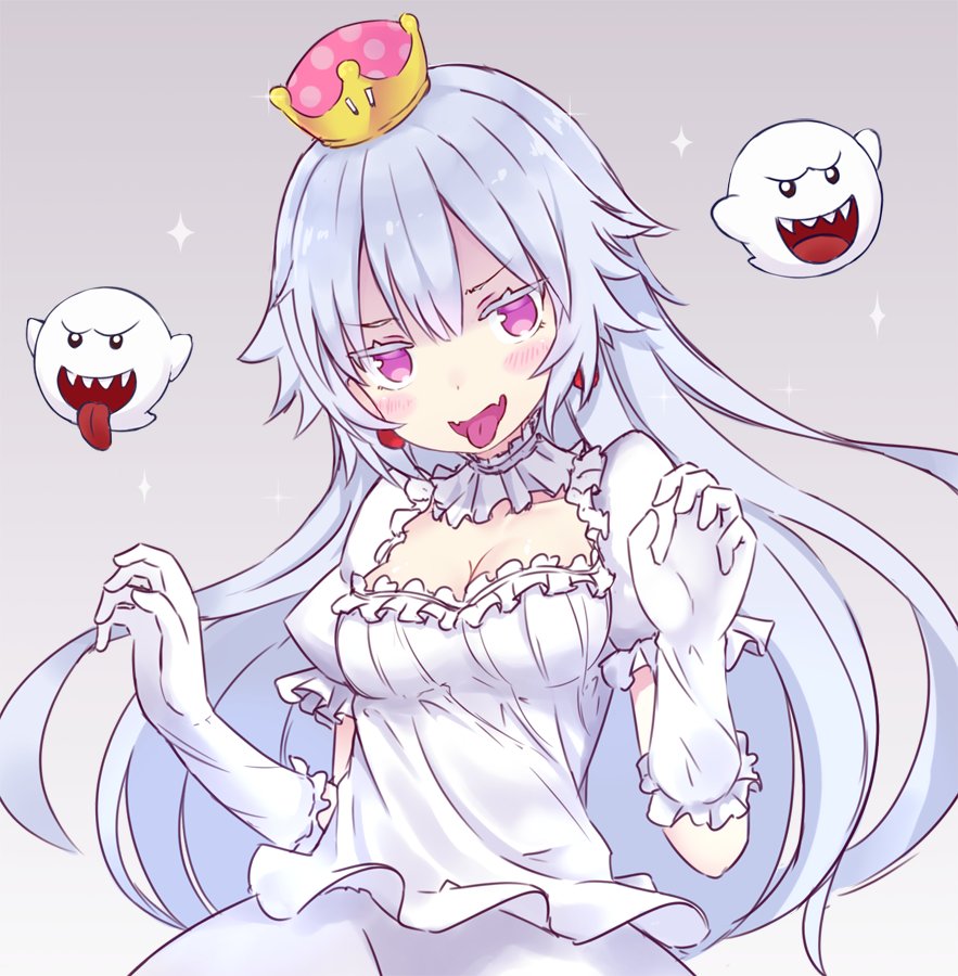 1girl bangs boo breasts choker cleavage collar commentary_request crown dress frilled_choker frilled_collar frilled_dress frilled_gloves frills ghost_pose gloves grey_background light_blush long_hair looking_at_viewer luigi's_mansion medium_breasts mini_crown open_mouth pale_skin princess_king_boo purple_tongue sharp_teeth shuuichi_(gothics) simple_background smile solo sparkle standing super_crown teeth tilted_headwear tongue tongue_out violet_eyes w_arms white_choker white_dress white_gloves white_hair