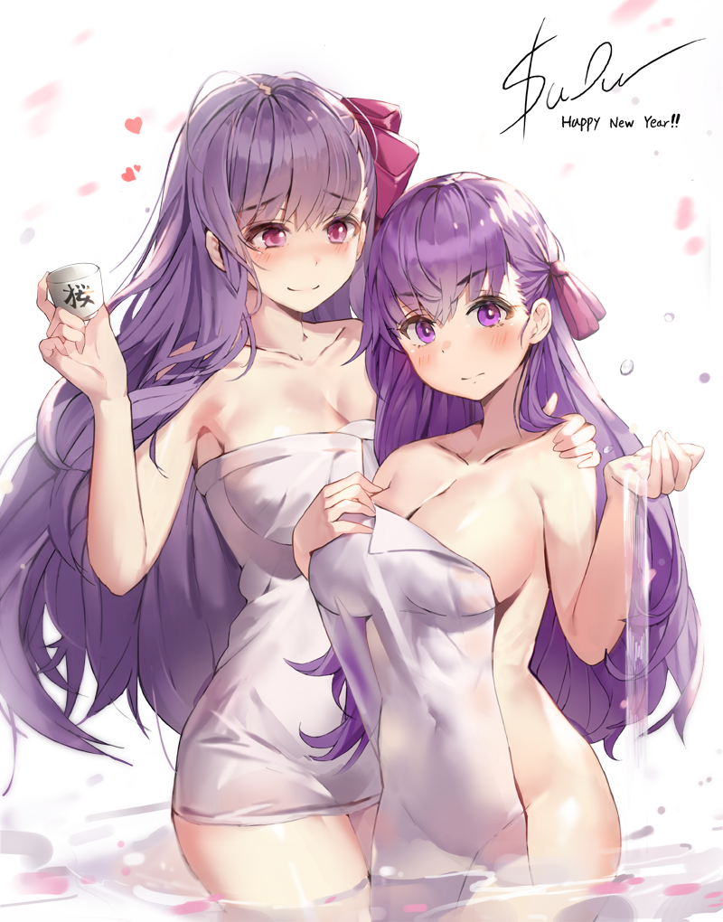 2girls bangs bare_arms bare_shoulders bb_(fate)_(all) bb_(fate/extra_ccc) blush breasts cleavage closed_mouth collarbone commentary covering cup eto_(nistavilo2) eyebrows_visible_through_hair fate/extra fate/extra_ccc fate/grand_order fate/stay_night fate_(series) groin hair_between_eyes happy_new_year heart holding holding_cup large_breasts long_hair matou_sakura multiple_girls naked_towel new_year nude_cover petals petals_on_liquid purple_hair signature smile towel very_long_hair violet_eyes wading water white_background