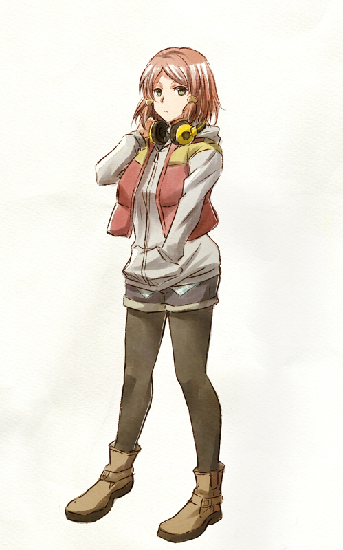 1girl black_legwear blue_shorts boots brown_footwear brown_hair full_body green_eyes grey_sweater hair_ornament hand_in_pocket headphones headphones_around_neck hood hood_down hooded_sweater legwear_under_shorts mishiro_(andante) pantyhose rose_(tales) shiny shiny_hair short_hair short_shorts shorts simple_background sketch solo standing sweater tales_of_(series) tales_of_zestiria white_background