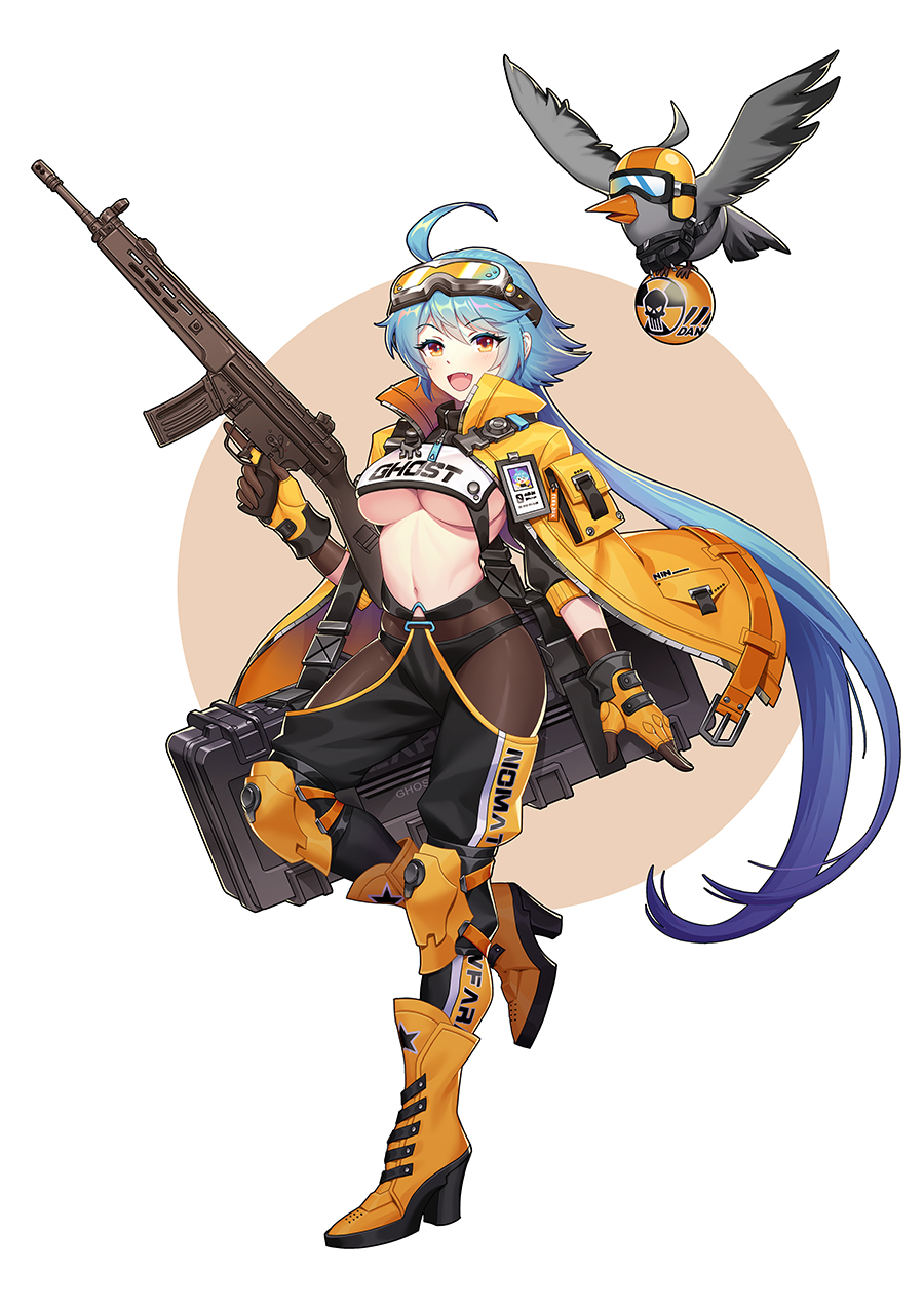 1girl :d ahoge ankle_boots bird black_panties blue_hair blush boots breasts brown_gloves brown_legwear case eyebrows_visible_through_hair fang fingerless_gloves full_body gloves goggles gun high_heel_boots high_heels highres holding holding_gun holding_weapon knee_pads large_breasts leaf98k long_hair looking_at_viewer navel open_mouth open_pants orange_eyes orange_footwear original panties panties_over_pantyhose pantyhose ponytail rifle skindentation smile solo standing standing_on_one_leg trigger_discipline under_boob underwear very_long_hair weapon