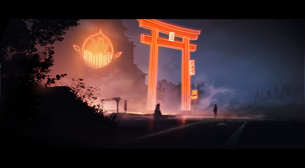 ambiguous_gender building glowing neon_trim night night_sky open_sign original outdoors rias-coast road sign sky solo standing statue torii translated