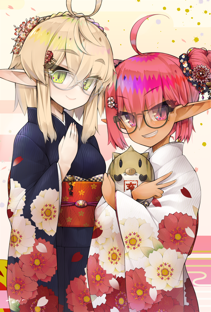 2girls ahoge black-framed_eyewear blonde_hair blush boar braid character_request chinese_zodiac closed_mouth eyebrows_visible_through_hair fingernails floral_print flower glasses green_eyes grin hair_between_eyes hair_flower hair_ornament hairpin hand_up holding iraruju iriam japanese_clothes kimono long_pointy_ears long_sleeves looking_at_viewer mole mole_under_eye multiple_girls nail_polish new_year obi pink_eyes pink_hair pink_nails pointy_ears sash short_hair slit_pupils smile standing tanyatonya twintails v virtual_youtuber white-framed_eyewear wide_sleeves year_of_the_pig