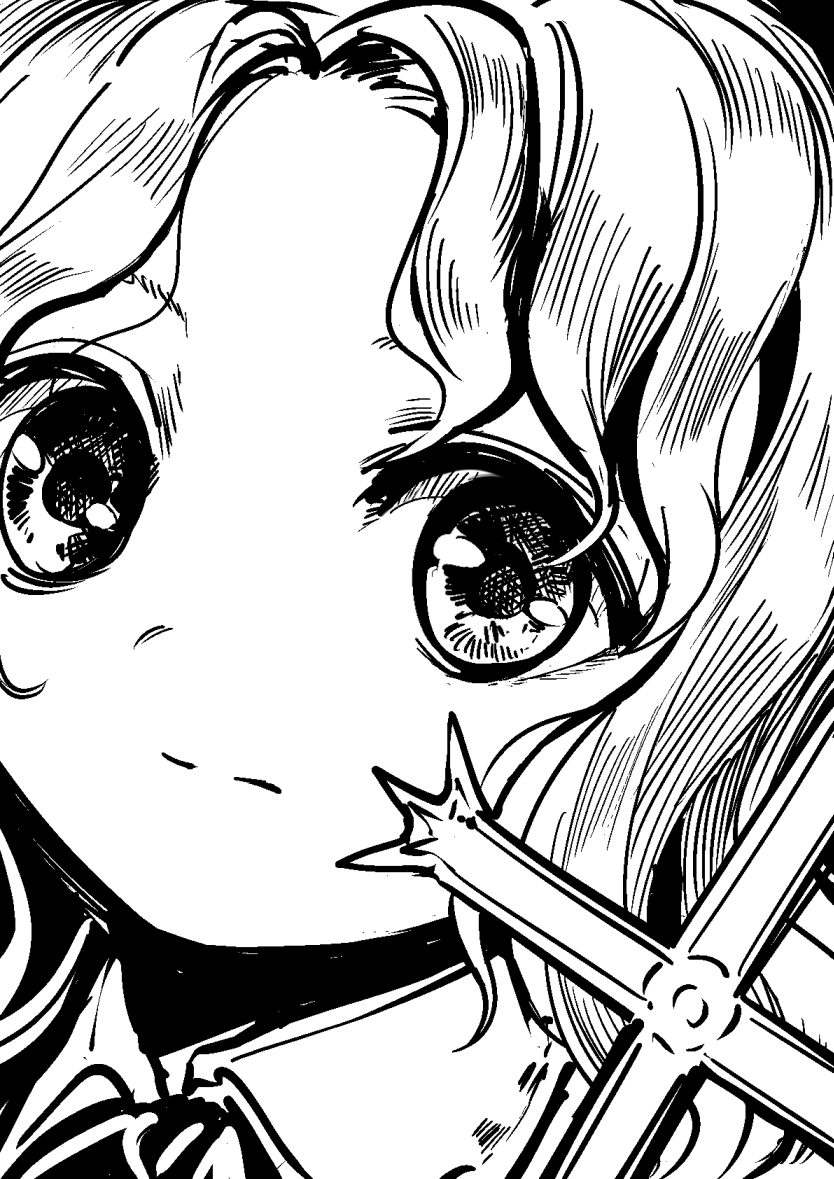 1girl bangs closed_mouth collared_shirt cross expressionless face jacket_girl_(dipp) looking_at_viewer monochrome parted_bangs shirt suna_(s73d) touhou wavy_hair