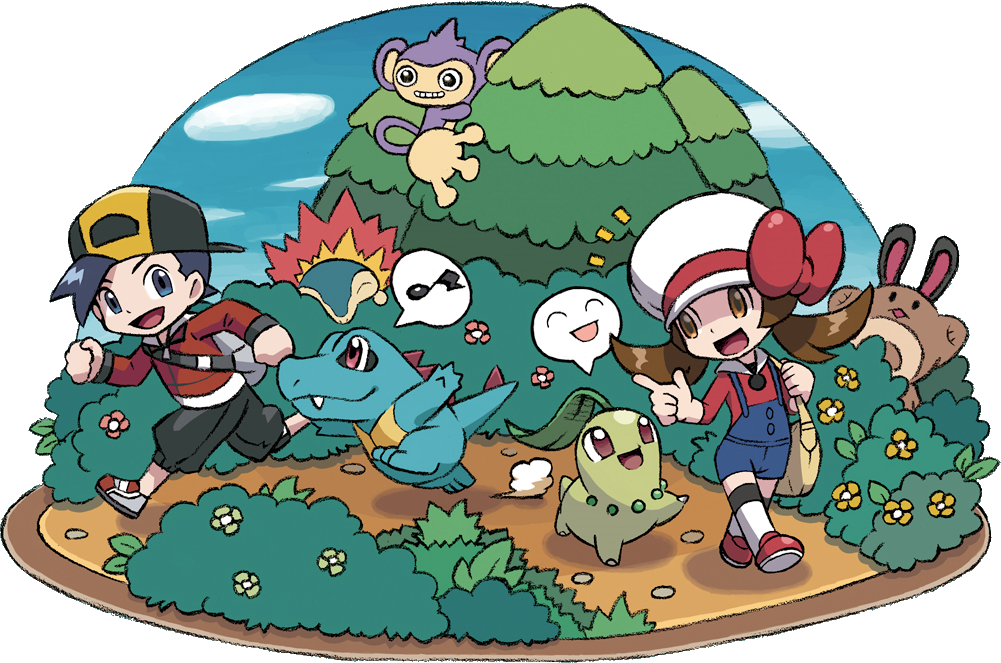 1boy 1girl :d aipom artist_request bag baseball_cap black_hair black_pants blue_eyes blue_sky brown_eyes brown_hair bush chikorita clouds cloudy_sky creature creatures_(company) cyndaquil day fangs flower game_freak gen_2_pokemon gold_(pokemon) happy hat hat_ribbon kotone_(pokemon) long_sleeves looking_at_viewer looking_away monkey musical_note nintendo official_art open_mouth outdoors overalls pants pokemon pokemon_(creature) pokemon_(game) pokemon_hgss ribbon sentret sky smile speech_bubble spoken_face spoken_musical_note totodile transparent_background tree twintails walking white_hat