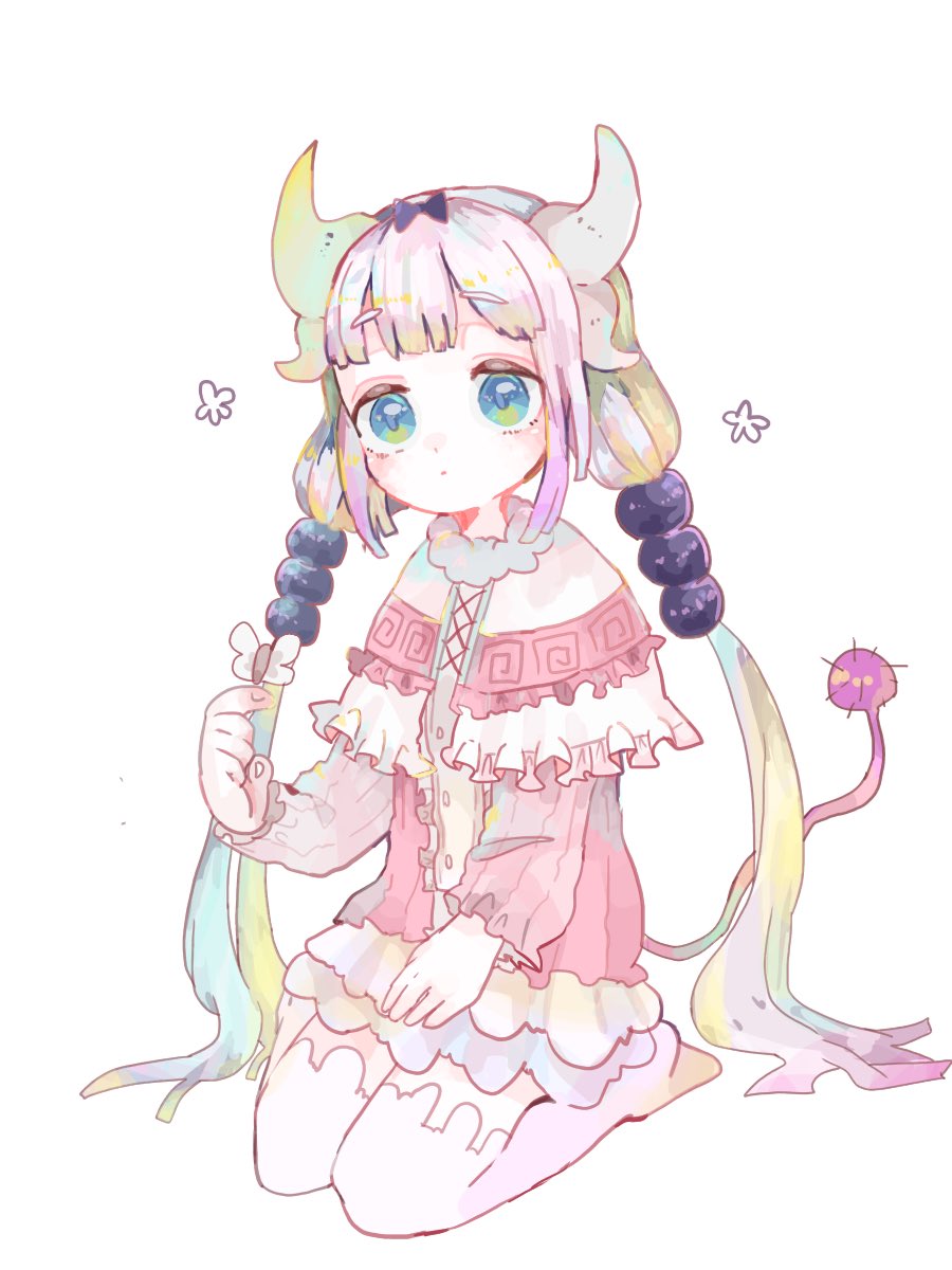 aqua_eyes bangs beads black_bow blunt_bangs bow bug butterfly capelet child dragon_girl dragon_horns dragon_tail eyebrows_visible_through_hair frilled_capelet frills full_body hair_beads hair_ornament hanataro_(sruvhqkehy1zied) highres horns insect kanna_kamui kneeling kobayashi-san_chi_no_maidragon long_hair pink_hair simple_background tail thigh-highs twintails very_long_hair white_background white_legwear