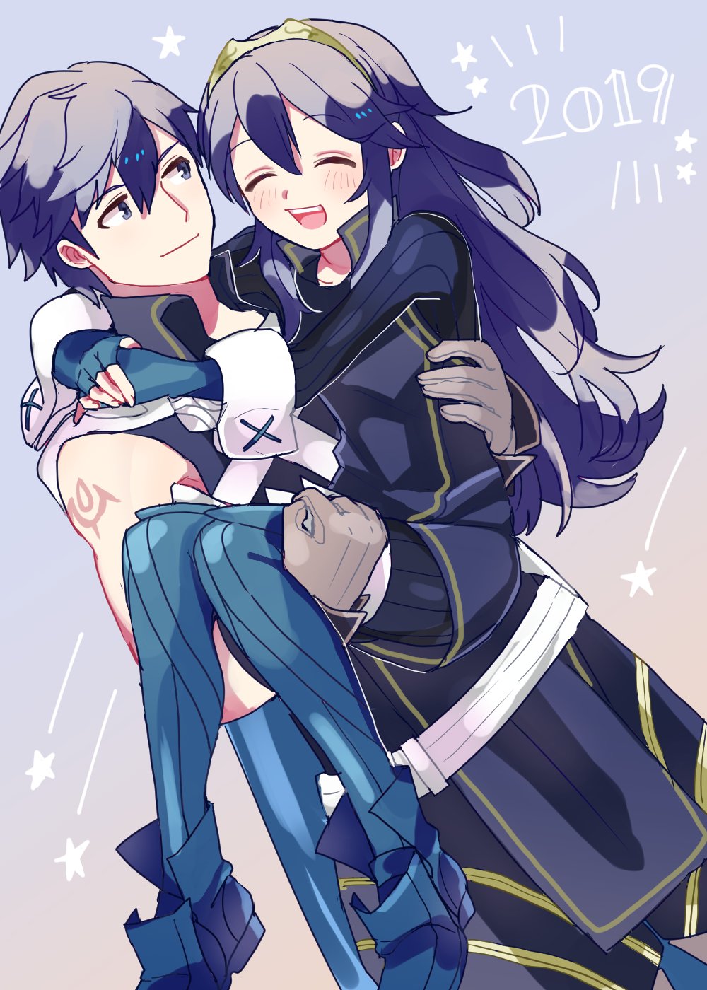 1boy 1girl ararecoa armor blue_eyes blue_hair blush cape carrying closed_eyes father_and_daughter fingerless_gloves fire_emblem fire_emblem:_kakusei gloves highres krom long_hair lucina new_year nintendo open_mouth princess_carry short_hair simple_background smile tiara