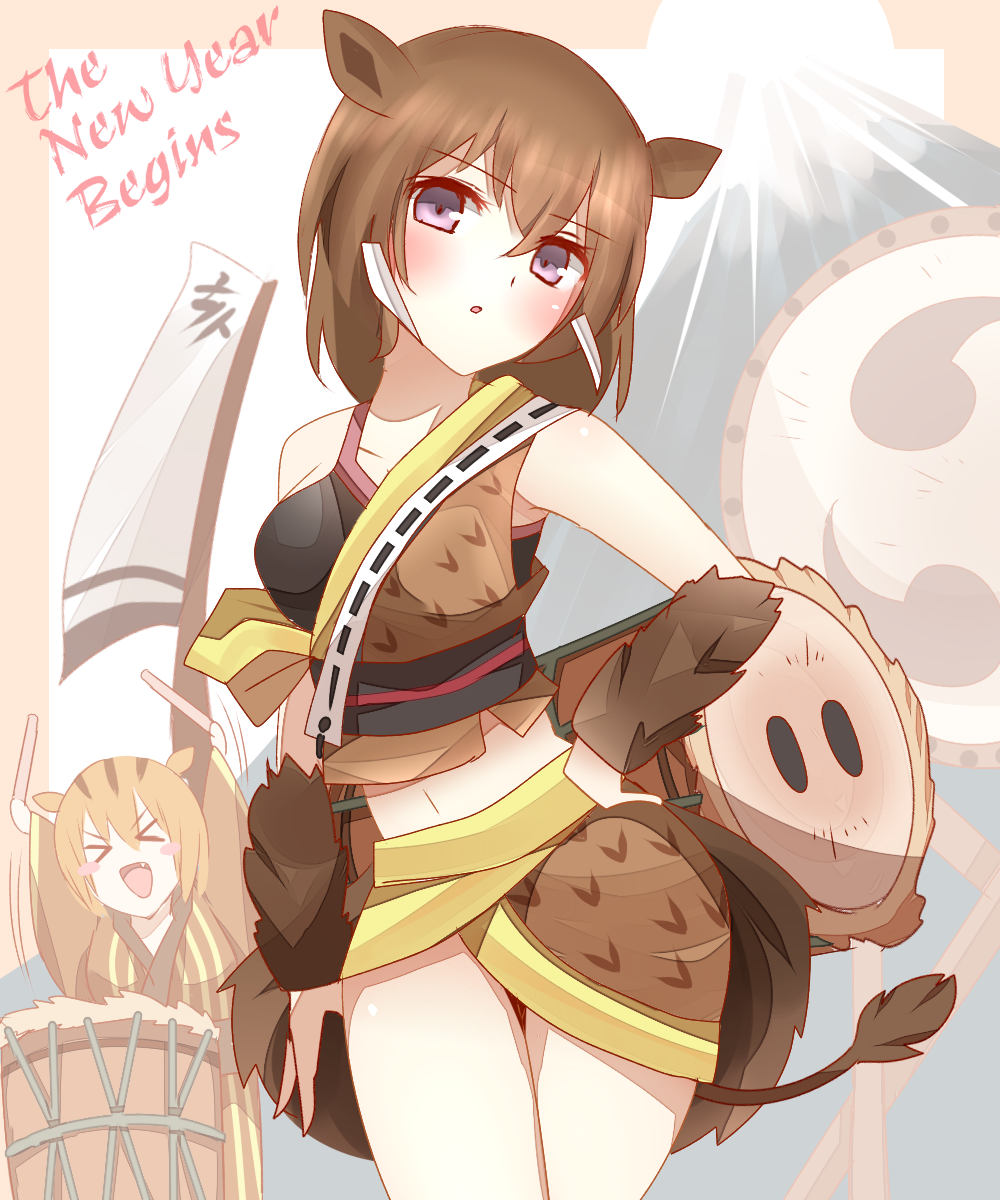 &gt;_&lt; 2girls :d :o animal_ears bangs black_camisole blush boar breasts brown_eyes brown_hair brown_kimono brown_skirt camisole chibi chinese_zodiac closed_eyes commentary_request drum drumsticks english_text eyebrows_visible_through_hair facing_viewer flag hair_between_eyes hand_on_hip head_tilt highres holding holding_drumsticks instrument japanese_clothes kimono long_hair long_sleeves looking_at_viewer medium_breasts midriff multiple_girls new_year non_(wednesday-classic) open_mouth original parted_lips personification pig_ears pig_girl pig_tail skirt smile tail wide_sleeves xd year_of_the_pig