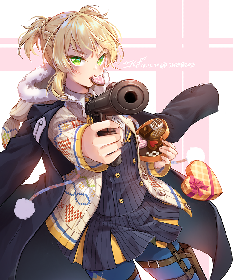 1girl alternate_costume bangs black_coat blonde_hair blue_legwear blush bow box braid buttons candy chocolate chocolate_heart double-breasted finger_on_trigger food food_in_mouth girls_frontline green_eyes gun heart heart-shaped_box holding holster ika_(4801055) jacket looking_at_viewer open_clothes open_jacket open_mouth pantyhose pointing_weapon red_bow red_ribbon ribbon shirt short_hair signature skirt solo thigh_holster twintails twitter_username valentine weapon welrod_mk2 welrod_mk2_(girls_frontline)