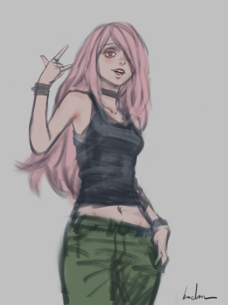 1girl \m/ arm_at_side arm_up bangs black_shirt black_tank_top breasts gohpot green_pants green_shorts grey_background little_witch_academia looking_at_viewer medium_breasts midriff navel pants pink_eyes pink_hair sharp_teeth shirt shorts signature simple_background sketch solo sucy_manbavaran swept_bangs teeth