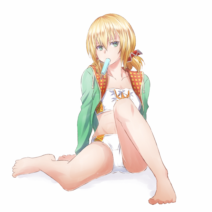 1girl barefoot bikini blonde_hair collarbone edna_(tales) food full_body green_eyes green_jacket hair_between_eyes hair_ornament jacket looking_at_viewer mishiro_(andante) mouth_hold open_clothes open_jacket popsicle shiny shiny_hair short_hair short_twintails simple_background sitting solo strapless strapless_bikini swimsuit tales_of_(series) tales_of_zestiria twintails white_background white_bikini