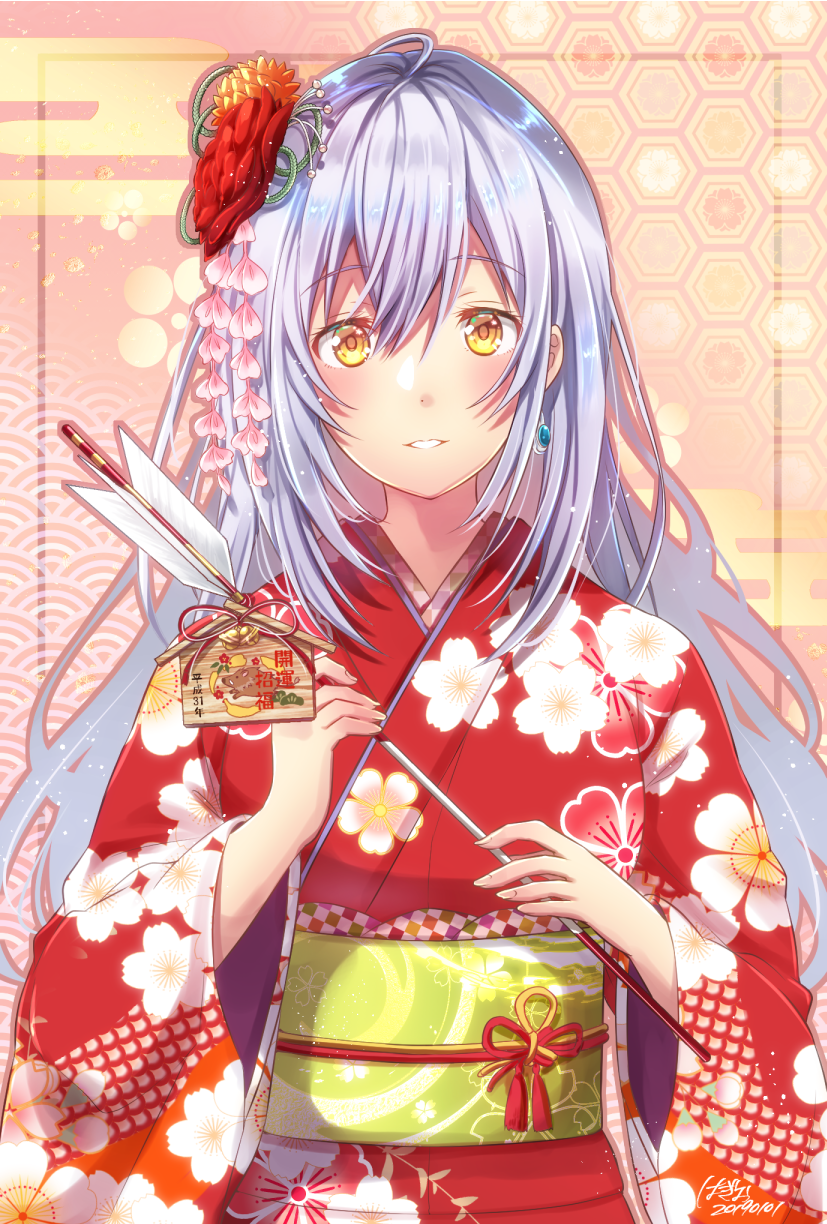 1girl arrow blue_earring blush floral_print flower hagio hair_flower hair_ornament highres irozuku_sekai_no_ashita_kara japanese_clothes jewelry kimono long_hair looking_at_viewer new_year obi pink_background red_kimono sash silver_hair simple_background single_earring solo standing tsukishiro_hitomi upper_body very_long_hair wide_sleeves yellow_eyes yukata