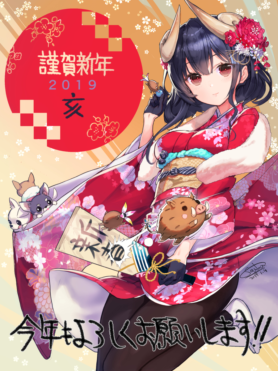 1girl 2019 animal bangs black_gloves black_hair black_legwear blush boar braid breasts chinese_zodiac closed_mouth commentary_request curled_horns dated dog eyebrows_visible_through_hair floral_background floral_print flower fur_collar gloves hagoita hair_between_eyes hair_flower hair_ornament hand_up hanetsuki happy_new_year head_tilt highres holding horns japanese_clothes kanzashi kimono leg_up long_sleeves looking_at_viewer medium_breasts new_year obi original paddle pantyhose print_kimono red_eyes red_flower red_kimono sanbasou sash shoes short_hair sidelocks signature smile solo standing standing_on_one_leg translated white_footwear wide_sleeves year_of_the_pig