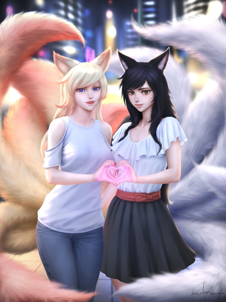 1girl ahri alternate_hair_color animal_ears arm_at_side bangs black_hair black_skirt blonde_hair blue_eyes blue_pants breasts building city commentary denim dual_persona english_commentary facial_mark fox_ears fox_girl fox_tail frilled_shirt frills gohpot hands_up heart heart_hands jeans league_of_legends legs_together lips long_hair looking_at_viewer medium_breasts multiple_tails nail_polish pants parted_lips pleated_skirt red_nails shirt signature skirt solo swept_bangs tail whisker_markings white_shirt yellow_eyes