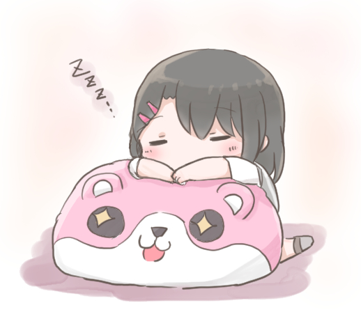 +_+ 1girl :3 :d bang_dream! bangs bear_head black_hair blush chibi closed_eyes hair_ornament hairclip koroneko_(ky-tora) leaning_on_object mascot_head medium_hair michelle_(bang_dream!) okusawa_misaki open_mouth short_sleeves sleeping smile solo zzz