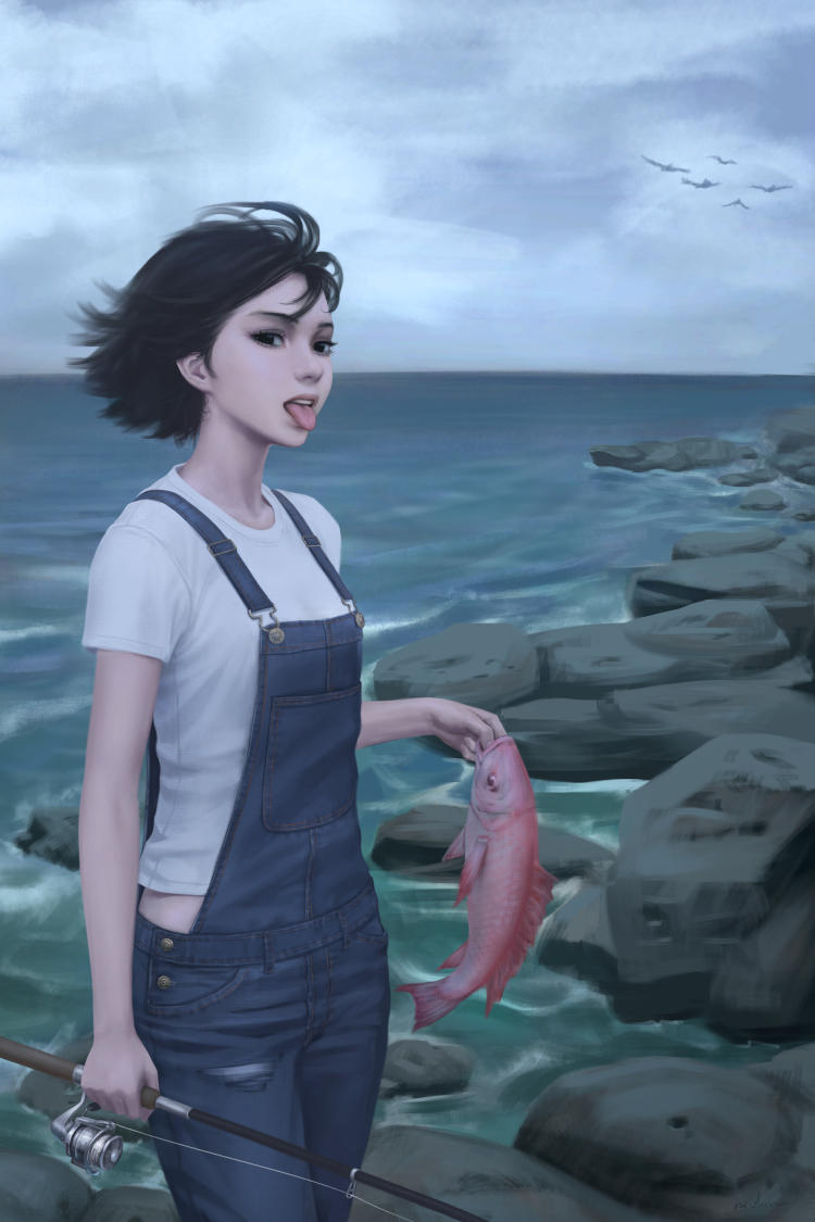 1girl arm_at_side arm_up bangs bird black_eyes blue_pants commentary denim english_commentary fishing_rod gohpot grey_sky holding holding_fish holding_fishing_rod horizon jeans looking_at_viewer midriff nose ocean open_mouth original overalls overcast pants parted_lips rock shirt short_hair short_sleeves solo sunlight teeth tongue tongue_out white_shirt