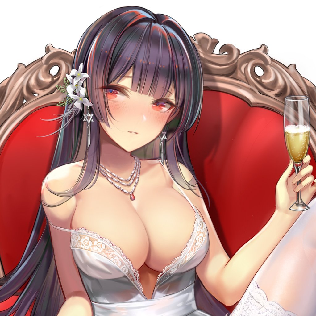 1girl alcohol bangs bare_shoulders blush breasts champagne_flute cleavage cup dress drinking_glass earrings elaine_(iron_saga) eyebrows_visible_through_hair flower hair_flower hair_ornament holding holding_cup iron_saga jewelry knee_up large_breasts long_hair looking_at_viewer necklace pantyhose parted_lips purple_hair red_eyes ruby_(gemstone) silver sitting solo strap_slip upper_body white_dress white_flower white_legwear zjsstc