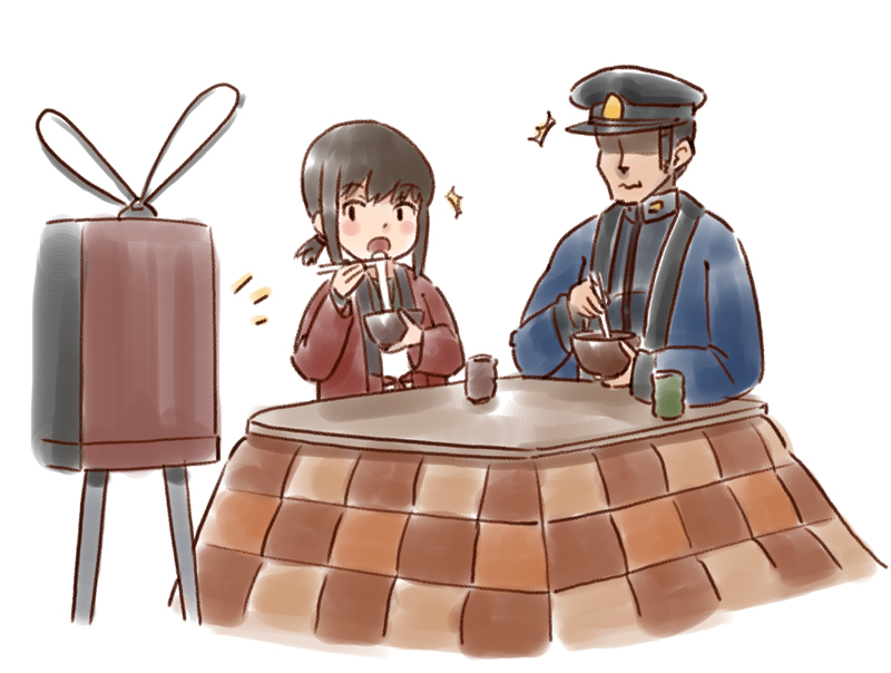 1boy 1girl admiral_(kantai_collection) alternate_costume black_eyes black_hair black_hat black_sailor_collar bowl chopsticks commentary_request cup fubuki_(kantai_collection) hanten_(clothes) hat kantai_collection karasu_(naoshow357) kotatsu low_ponytail mug peaked_cap ponytail remodel_(kantai_collection) sailor_collar school_uniform serafuku short_ponytail sidelocks simple_background table television watching_television white_background yunomi zouni_soup