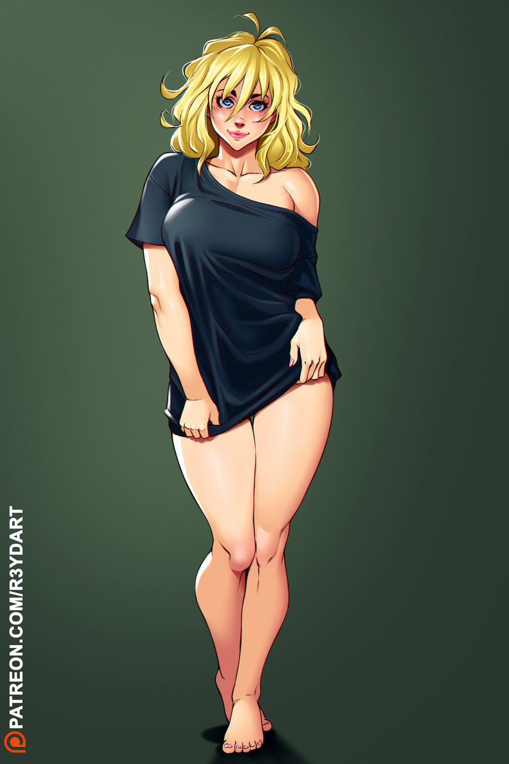 1girl barefoot blonde_hair blue_eyes breasts collarbone commission contrapposto eyelashes facing_viewer full_body green_background hair_between_eyes highres knees large_breasts legs_crossed lipstick long_hair looking_at_viewer makeup messy_hair naked_shirt nose off_shoulder original oversized_clothes patreon_username pinup reydart shirt shirt_tug solo standing t-shirt thick_eyebrows thigh_gap toes