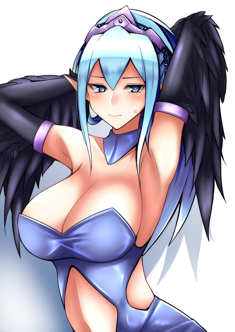 1girl armpits arms_up bare_shoulders black_wings blush breasts character_request cleavage closed_mouth commentary_request dial16yoi feathered_wings half-closed_eyes large_breasts light_blue_eyes light_blue_hair long_hair looking_at_viewer navel pointy_ears sagging_breasts shiny shiny_hair solo stomach_cutout tsurime upper_body wavy_mouth wings yu-gi-oh!