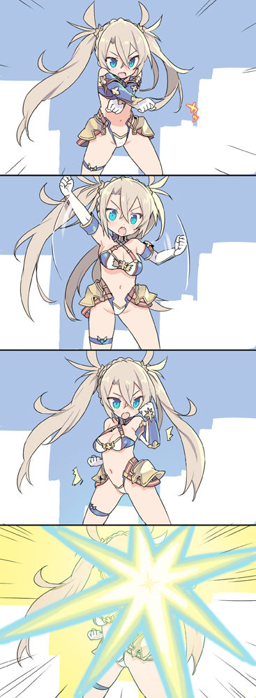 1girl 4koma armor bangs bare_shoulders beam_shield bikini_bottom bikini_top blade_(galaxist) blonde_hair blue_eyes blush bradamante_(fate/grand_order) braid breasts cleavage comic crown_braid elbow_gloves fate/grand_order fate_(series) faulds french_braid gloves hair_between_eyes large_breasts leg_belt long_hair looking_at_viewer midriff navel parody pose shield silent_comic solo ssss.gridman standing thigh_strap twintails very_long_hair