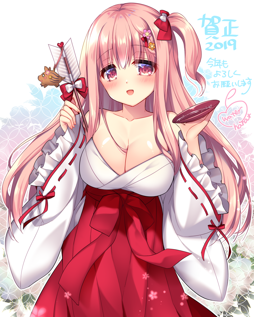 1girl arrow bare_shoulders blush boar bowl breasts cleavage collarbone commentary_request eyebrows_visible_through_hair flower hair_between_breasts hair_between_eyes hair_flower hair_ornament hair_ribbon hakama highres holding holding_arrow holding_bowl japanese_clothes large_breasts long_hair long_sleeves looking_at_viewer miko open_mouth original pink_eyes pink_hair red_hakama ribbon ribbon-trimmed_sleeves ribbon_trim ringo_sui shiny shiny_hair side_ponytail signature simple_background solo translated very_long_hair white_sleeves wide_sleeves