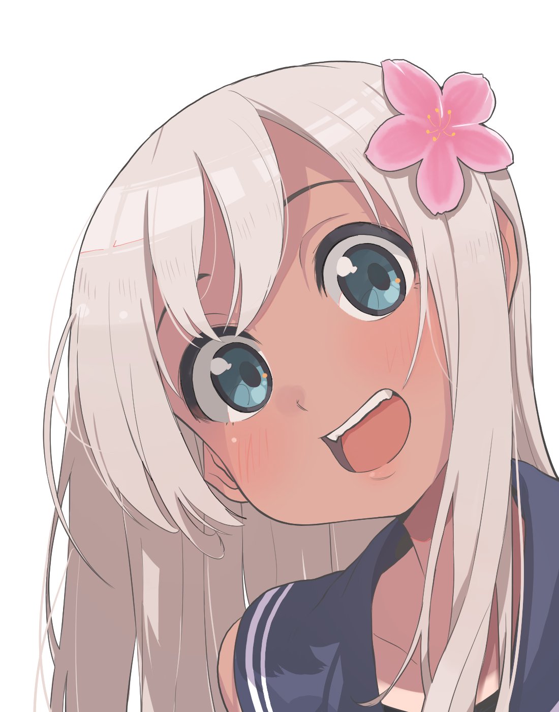 1girl :d bangs blue_eyes blush close-up face flower hair_between_eyes hair_flower hair_ornament highres kantai_collection long_hair looking_at_viewer open_mouth ro-500_(kantai_collection) sailor_collar simple_background smile solo swimsuit teeth tongue tongue_out wataro_(watawatawatapon) white_background white_hair