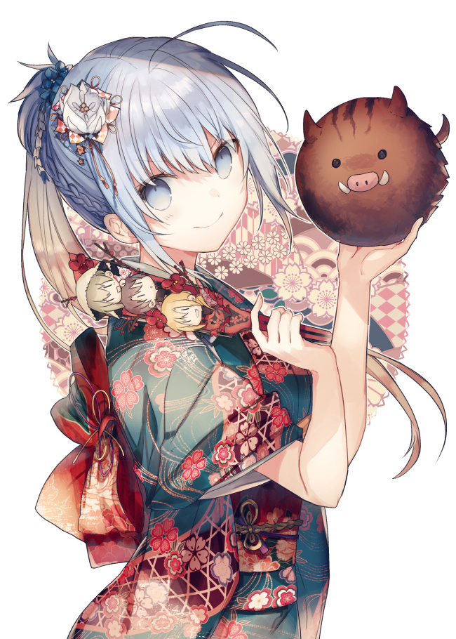 1girl animal bangs black_kimono blue_eyes blue_hair boar bow closed_mouth commentary_request eyebrows_visible_through_hair floral_print flower hagoita hair_between_eyes hair_flower hair_ornament head_tilt holding holding_animal japanese_clothes kazutake_hazano kimono long_hair looking_at_viewer looking_to_the_side paddle print_kimono red_bow shiro_seijo_to_kuro_bokushi short_sleeves smile solo v-shaped_eyebrows white_background white_flower wide_sleeves