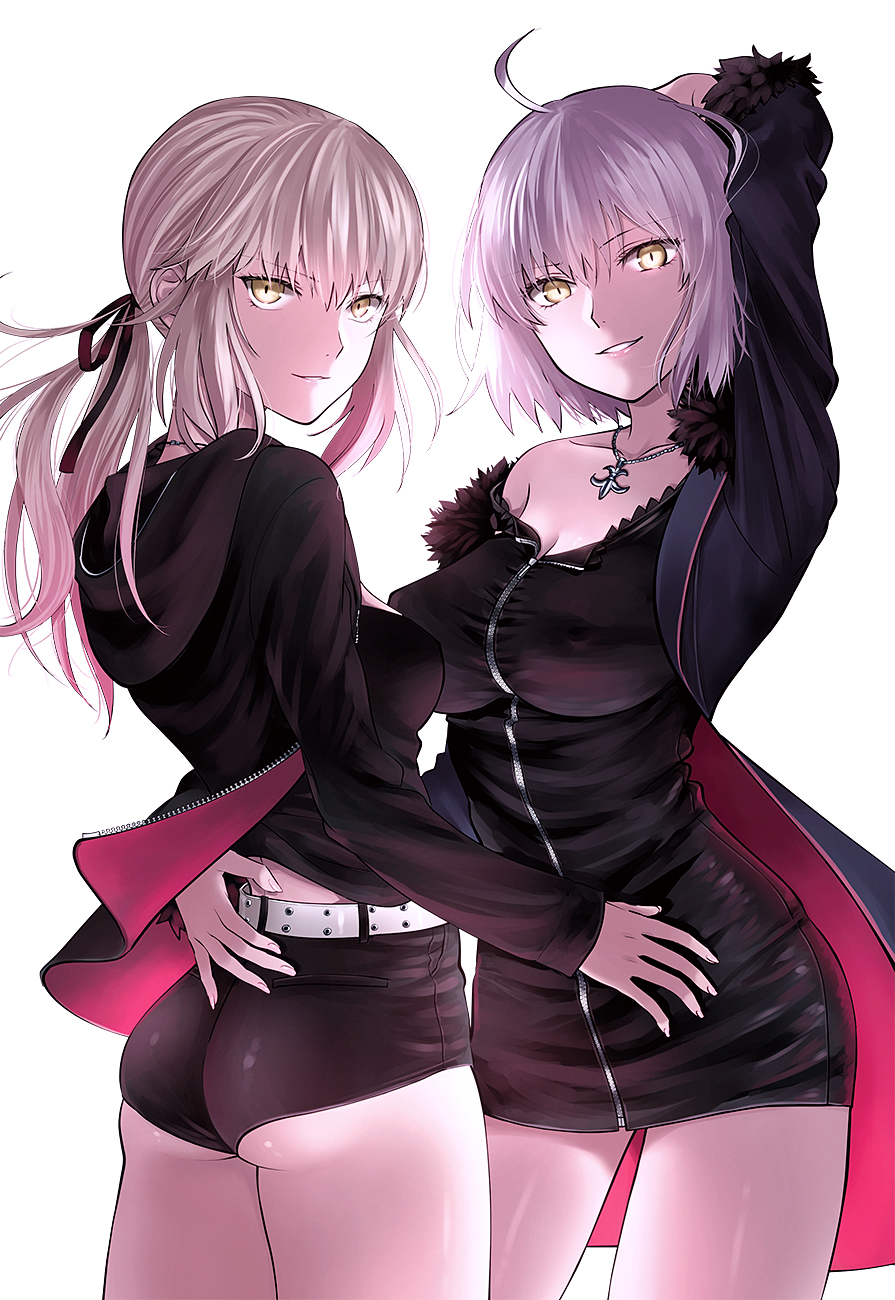 2girls ahoge arm_behind_head arm_up artoria_pendragon_(all) ass bangs bare_shoulders belt black_dress black_jacket black_ribbon black_shorts blonde_hair breasts cleavage collarbone commentary_request covered_nipples dress eyebrows eyebrows_visible_through_hair eyelashes eyelashes_visible_through_hair fate/grand_order fate_(series) female_ass fur_trim grin happy_new_year highres holding_another hood hoodie jacket jeanne_d'arc_(alter)_(fate) jeanne_d'arc_(fate)_(all) jewelry large_breasts long_hair looking_at_viewer multiple_girls necklace new_year off_shoulder ponytail ribbon saber_alter short_dress short_hair short_shorts shorts sidelocks silver_hair smile standing sushimaro thighs white_belt yellow_eyes