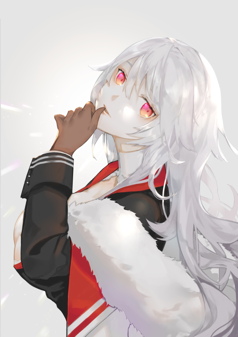 1girl azur_lane bangs breasts cleavage eyebrows_visible_through_hair fur_trim gloves graf_zeppelin_(azur_lane) hair_between_eyes hat hat_removed headwear_removed large_breasts long_hair nello_(luminous_darkness) red_eyes silver_hair solo uniform very_long_hair wavy_hair