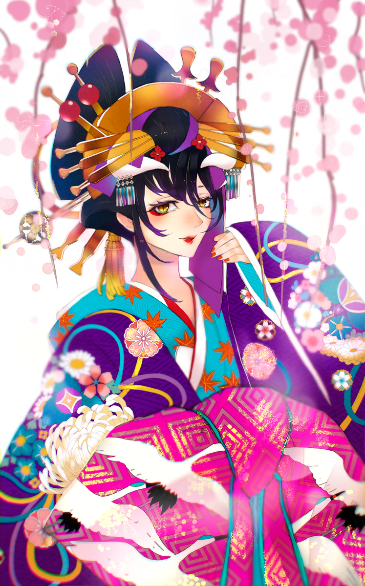 1girl albedo alternate_costume alternate_hairstyle animal_print bird bird_print black_hair blurry blurry_background blurry_foreground blush cherry_blossoms closed_mouth crane_(animal) depth_of_field eyeshadow fingernails hair_ornament hairpin highres horocca japanese_clothes kimono lipstick long_sleeves looking_at_viewer makeup nail_polish overlord_(maruyama) purple_kimono red_lipstick red_nails ribbon sleeves_past_wrists slit_pupils smile solo upper_body yellow_eyes