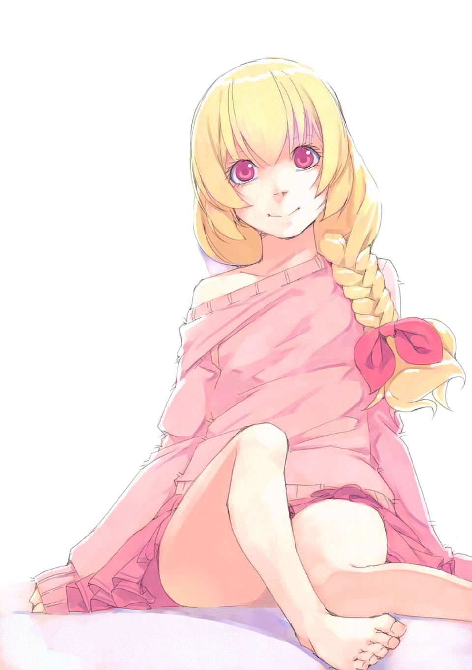 1girl aikatsu! aikatsu!_(series) akinbo_(hyouka_fuyou) barefoot blonde_hair bow braid braided_ponytail hair_between_eyes hair_bow hair_over_shoulder highres hoshimiya_ichigo long_hair looking_at_viewer miniskirt off-shoulder_sweater off_shoulder pink_skirt pink_sweater pleated_skirt red_bow red_eyes simple_background single_braid sitting skirt smile solo sweater white_background