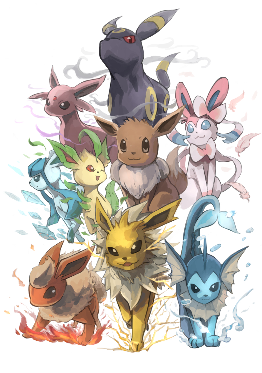 ;d ahoge black_eyes blue_eyes brown_eyes creatures_(company) eevee electricity espeon feathers fire flame flareon forehead_jewel game_freak gen_1_pokemon gen_2_pokemon gen_4_pokemon gen_5_pokemon gen_6_pokemon glaceon highres ice ico6 jolteon leaf leafeon looking_at_viewer nintendo no_humans one_eye_closed open_mouth pokemon pokemon_(creature) red_eyes smile smoke sylveon umbreon vaporeon water white_background