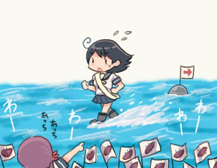 2girls ahoge akebono_(kantai_collection) black_hair buoy comic commentary_request flag flower flying_sweatdrops food hair_flower hair_ornament kantai_collection long_hair multiple_girls open_mouth otoufu pleated_skirt pointer pointing purple_hair school_uniform serafuku shoes short_sleeves side_ponytail skirt standing standing_on_liquid sweatdrop sweet_potato translation_request ushio_(kantai_collection)