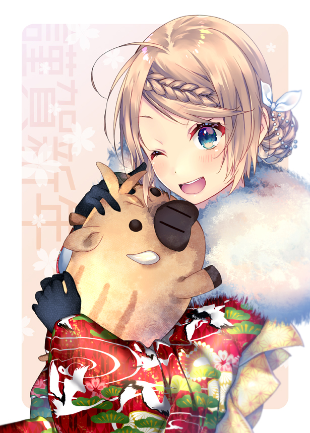 1girl ;d animal animal_hug bangs black_gloves blue_eyes blush boar braid brown_background chinese_zodiac commentary_request floral_print fur_collar gloves hair_bun hair_ribbon head_tilt japanese_clothes kagamine_rin kimono light_brown_hair one_eye_closed open_mouth print_kimono red_kimono ribbon shiomizu_(swat) smile solo swept_bangs two-tone_background upper_body vocaloid white_background white_ribbon year_of_the_pig