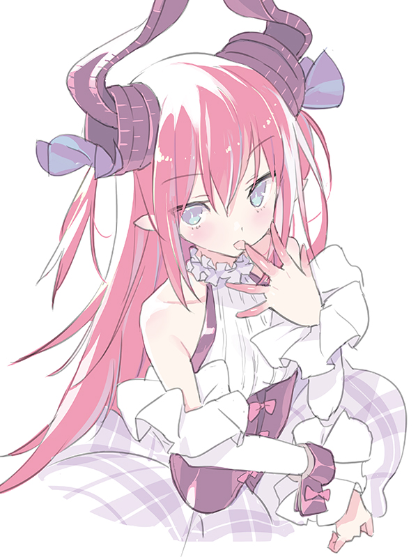 bangs bare_shoulders blade_(galaxist) blue_eyes blue_ribbon blush bow breasts collarbone curled_horns detached_sleeves dragon_horns elizabeth_bathory_(fate) elizabeth_bathory_(fate)_(all) eyebrows_visible_through_hair fate_(series) finger_licking grey_skirt hair_between_eyes hair_ribbon hand_up horns licking long_hair long_sleeves looking_at_viewer pink_bow pink_hair plaid plaid_skirt pointy_ears ribbed_shirt ribbon rojiura_satsuki:_chapter_heroine_sanctuary shirt sidelocks skirt small_breasts tongue tongue_out two_side_up underbust very_long_hair white_shirt