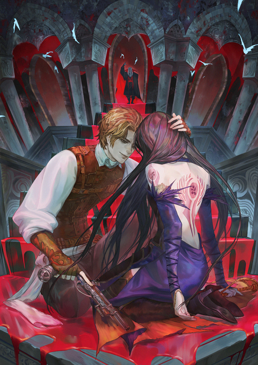 1girl 2boys albus_(castlevania) armor backless_outfit bare_shoulders baseball_bat black_hair blonde_hair blood blue_eyes boots bridal_gauntlets cape castlevania castlevania:_order_of_ecclesia dracula dress gloves gothic gun long_hair lsu_(lowmoo98) multiple_boys pointy_ears red_eyes shanoa smile spoilers tattoo thigh-highs thigh_boots vampire very_long_hair weapon