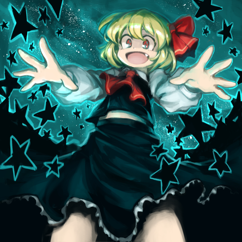 1girl :d bangs black_skirt black_vest blonde_hair dress fang frilled_skirt frills graphite_(medium) hair_between_eyes long_sleeves mizuno_(okn66) open_mouth outstretched_arms red_eyes red_ribbon ribbon rumia shaded_face shirt short_hair skirt smile solo star starry_background touhou traditional_media vest white_sleeves