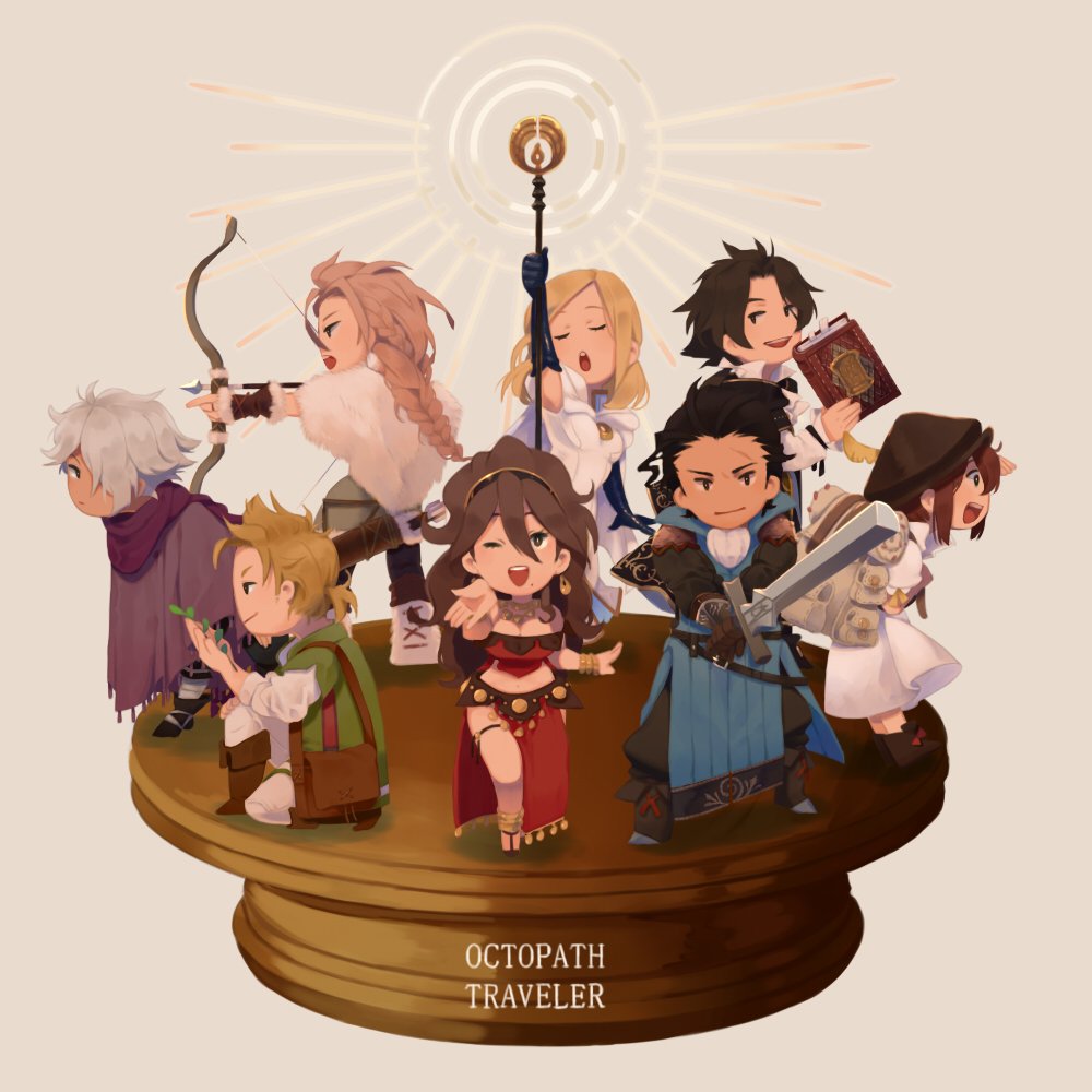 alfyn_(octopath_traveler) arrow bag black_hair blonde_hair book bow_(weapon) bracelet braid braided_ponytail brown_hair chibi cloak closed_eyes cyrus_(octopath_traveler) dancer dress fringe_trim gloves green_eyes h'aanit_(octopath_traveler) hair_over_one_eye hat irono16 jewelry linde_(octopath_traveler) long_hair looking_at_viewer multiple_boys multiple_girls navel necklace octopath_traveler olberic_eisenberg one_eye_closed open_mouth ophilia_(octopath_traveler) ponytail primrose_azelhart scar scarf short_hair simple_background smile snow_leopard staff sword therion_(octopath_traveler) tressa_(octopath_traveler) weapon white_hair