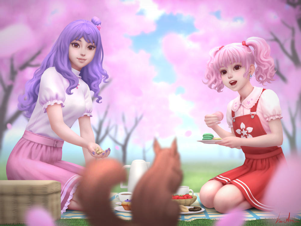 2girls bangs basket blue_sky blurry breasts brown_eyes cherry_blossoms closed_mouth coffee_mug commentary cookie cup day depth_of_field earrings english_commentary fingernails flower food fruit gohpot grass hair_flower hair_ornament holding holding_plate jewelry kneeling looking_at_viewer macaron medium_breasts muffin mug multiple_girls nail_polish nut_(food) open_mouth original petals picnic picnic_basket pink_flower pink_hair pink_petals pitcher plate puffy_short_sleeves puffy_sleeves purple_hair purple_nails red_skirt shirt short_sleeves short_twintails signature skirt sky squirrel strawberry sunlight suspender_skirt suspenders tea teeth tree twintails white_shirt