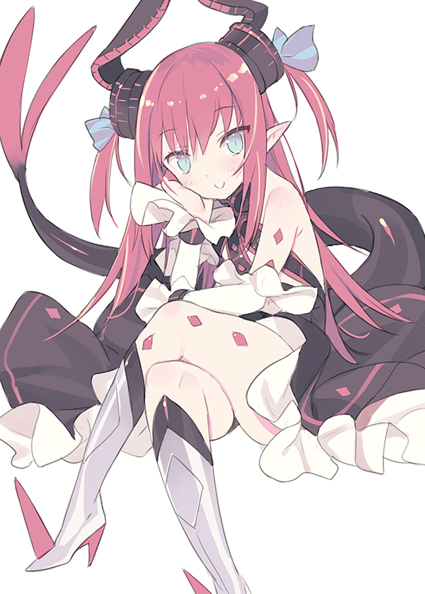 1girl arm_support armored_boots bangs bare_shoulders black_dress blade_(galaxist) blue_eyes blue_ribbon blush boots closed_mouth curled_horns detached_sleeves dragon_girl dragon_horns dragon_tail dress elizabeth_bathory_(fate) elizabeth_bathory_(fate)_(all) eyebrows_visible_through_hair fate/extra fate/extra_ccc fate_(series) frilled_dress frills hair_between_eyes hair_ribbon head_tilt horns knee_boots legs_crossed long_hair long_sleeves looking_at_viewer redhead ribbon sitting smile solo spiked_boots spikes tail two_side_up very_long_hair white_footwear