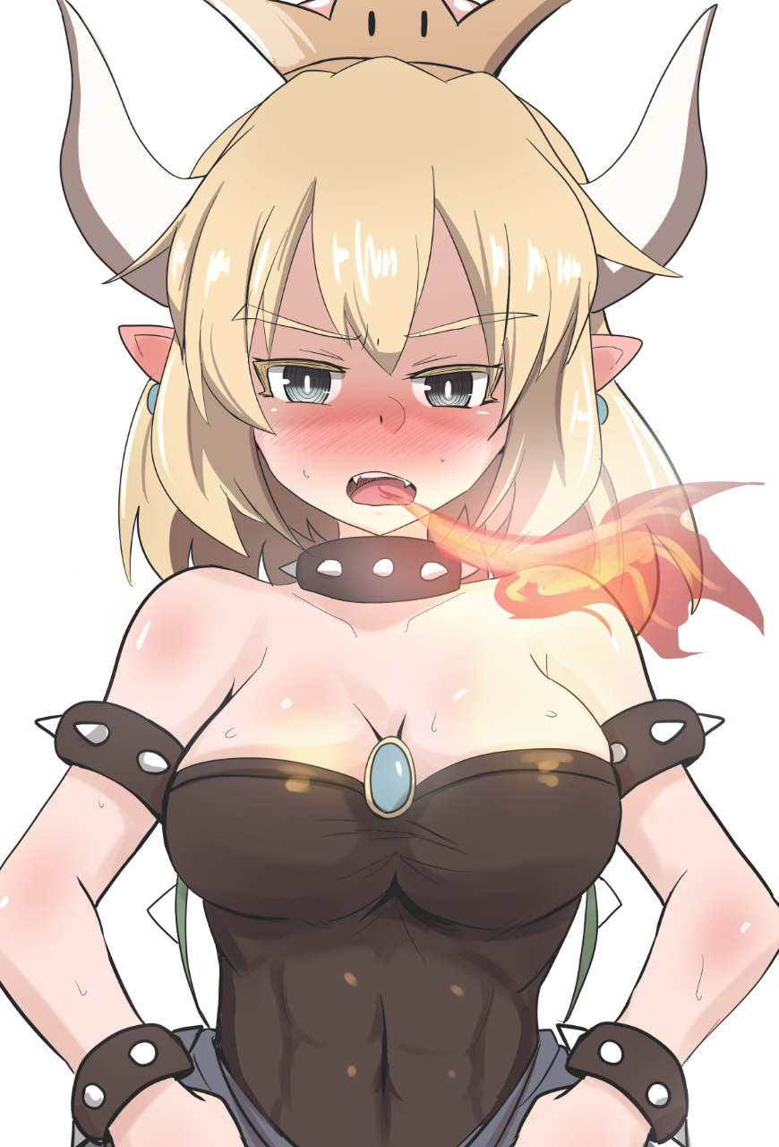 1girl abs bangs black_collar blonde_hair blue_earrings blue_eyes blush borrowed_design bowsette bracelet breasts breathing_fire brooch collar commentary crown dress embarrassed eyebrows_visible_through_hair fire frown gem highres horns jewelry kumo_(atm) large_breasts looking_at_viewer super_mario_bros. medium_hair new_super_mario_bros._u_deluxe nintendo open_mouth pointy_ears sharp_teeth solo spiked_armlet spiked_bracelet spiked_collar spiked_shell spikes standing strapless strapless_dress super_crown super_mario_bros. sweat teeth turtle_shell upper_body