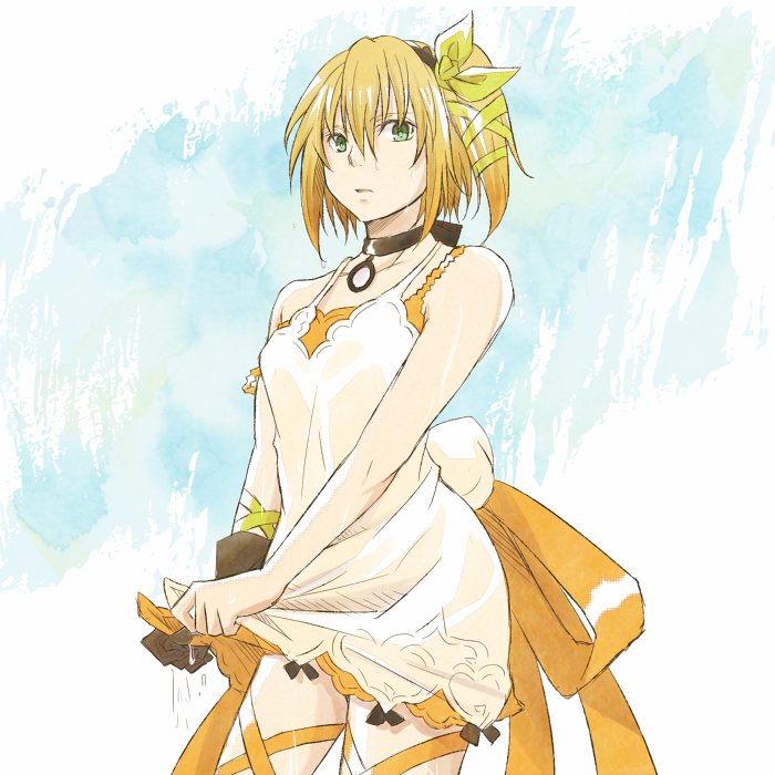 1girl black_gloves blonde_hair bow choker collarbone cowboy_shot dress edna_(tales) gloves green_bow green_eyes green_ribbon hair_between_eyes hair_bow hair_ribbon looking_at_viewer mishiro_(andante) ribbon shiny shiny_hair short_dress short_hair side_ponytail single_glove sleeveless sleeveless_dress solo standing tales_of_(series) tales_of_zestiria thigh_ribbon wet wet_clothes wet_dress white_dress wringing_clothes wringing_dress yellow_ribbon