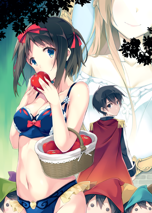 1boy 2girls asuna_(sao) basket blue_bra blue_panties bra breasts brown_hair cape cleavage collarbone food fruit hair_ribbon head_out_of_frame holding holding_basket holding_food holding_fruit itoichi. kirito long_hair looking_back medium_breasts multiple_girls navel panties red_cape red_ribbon ribbon ronye_arabel short_hair smile snow_white sword_art_online underwear underwear_only