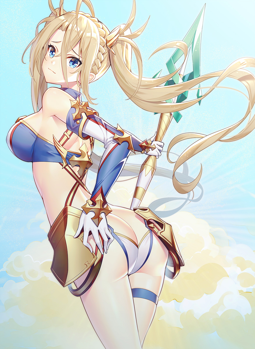 1girl ahoge ass bangs bare_shoulders blonde_hair blue_background blue_eyes bradamante_(fate/grand_order) braid breasts butt_crack closed_mouth commentary_request crop_top crown_braid elbow_gloves eyebrows_visible_through_hair fate/grand_order fate_(series) gloves hair_between_eyes hair_ornament hand_on_ass head_tilt highres holding holding_spear holding_weapon large_breasts long_hair looking_at_viewer looking_back polearm ririko_(zhuoyandesailaer) sidelocks skindentation solo spear thigh_strap twintails very_long_hair weapon white_gloves