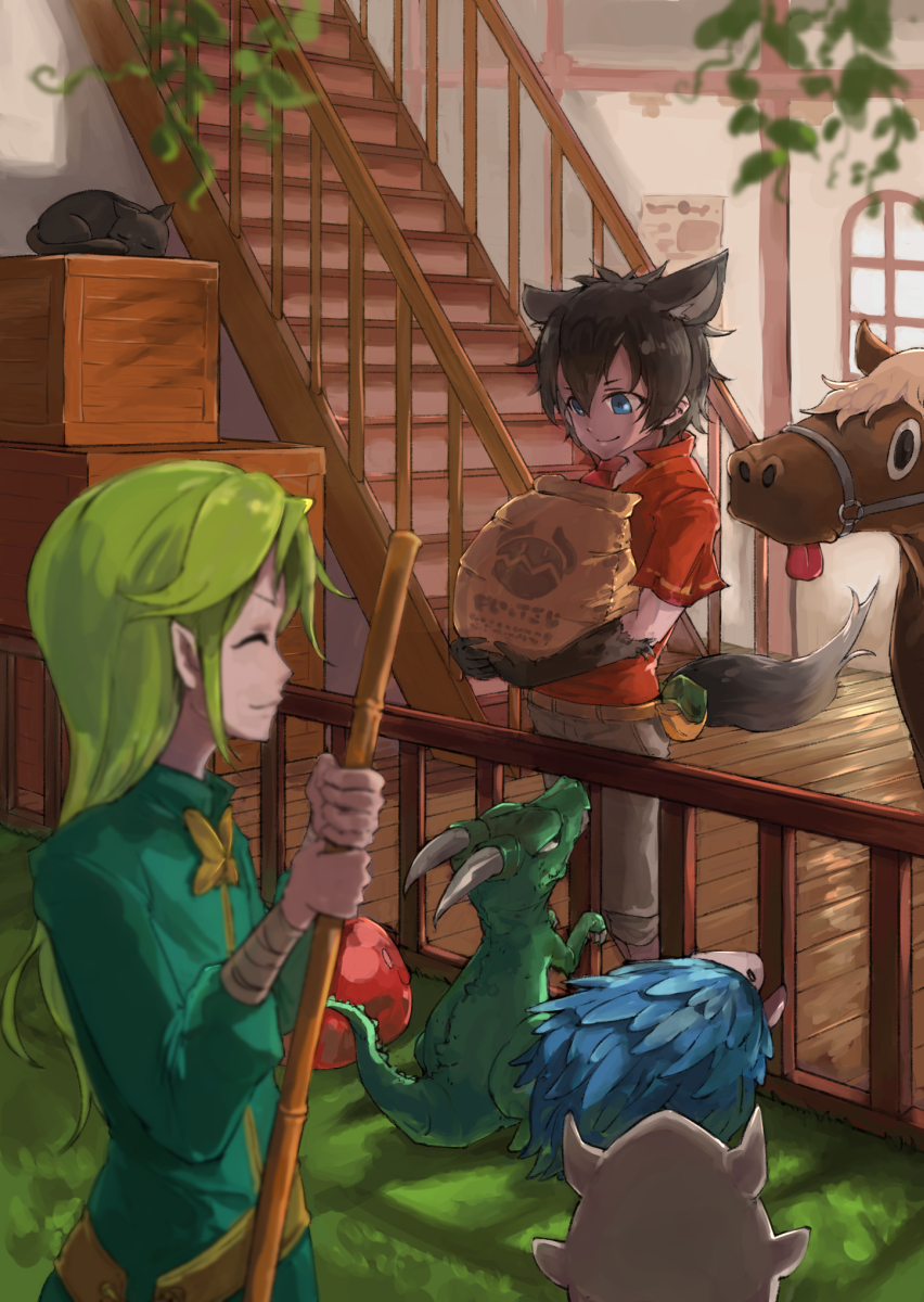 1boy 1girl animal_ears bag begging black_gloves black_hair blue_eyes blurry_foreground box broom check_copyright chocotto_land closed_eyes dragon dress fence gloves grass green_dress green_hair grey_pants highres holding holding_broom horse ico6 indoors long_sleeves pants pointy_ears pouch red_shirt shirt slime stairs standing tail tongue tongue_out window wooden_floor