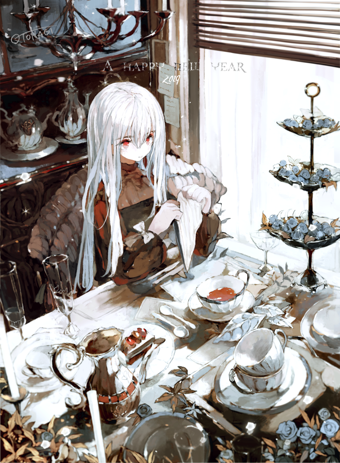 1girl 2019 asahiro blush candle chair chandelier cup curtains flower from_above glass happy_new_year indoors long_hair napkin new_year original pale_skin red_eyes saucer shelf signature silver_hair sitting smile solo sunlight table tea teacup teapot window