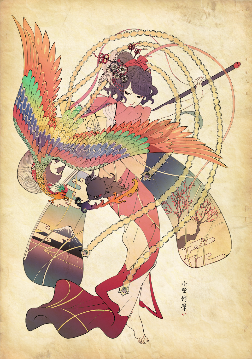 1girl barefoot bird bow branch breathing_fire brown_eyes brown_hair commentary_request fan fate/grand_order fate_(series) fire flower hair_bow hair_flower hair_ornament highres holding holding_fan japanese_clothes katsushika_hokusai_(fate/grand_order) kimono long_sleeves mount_fuji multicolored obi octopus phoenix ponytail sash translation_request tree_branch wide_sleeves yatsuashimon