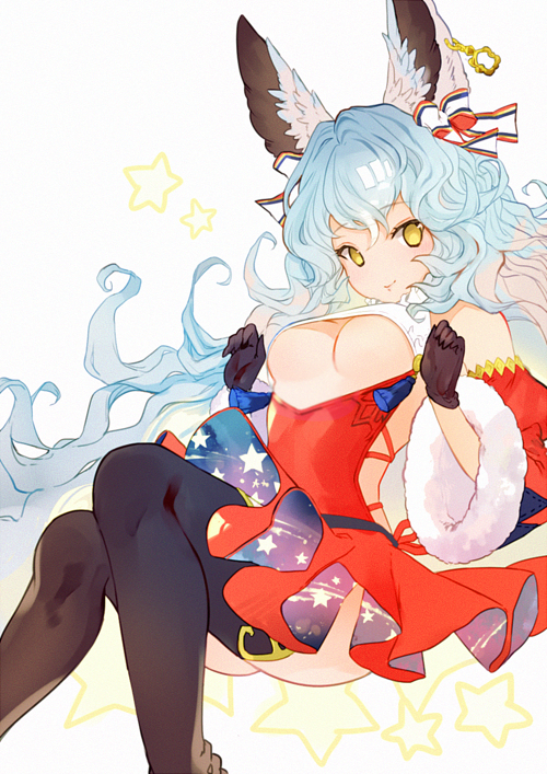 1girl animal_ears ass bare_shoulders blue_hair boots bow breasts detached_sleeves ear_ribbon earrings ferry_(granblue_fantasy) fur_trim gloves granblue_fantasy jewelry long_hair looking_at_viewer nido_celisius simple_background skirt solo star star_print thigh-highs thigh_boots under_boob underboob_cutout wavy_hair white_background yellow_eyes