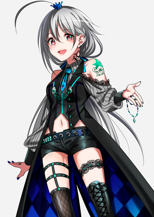 1girl ahoge asymmetrical_legwear black_footwear black_legwear black_nails black_shorts boots braid brown_eyes crown eyebrows_visible_through_hair floating_hair garters grey_background hair_between_eyes hoshi_shouko idolmaster idolmaster_cinderella_girls jewelry long_hair looking_at_viewer midriff mini_crown nail_polish navel open_mouth ring shiny shiny_clothes shiny_hair short_shorts shorts silver_hair simple_background single_boot solo standing stomach thigh-highs thigh_boots thigh_strap very_long_hair yodare_(3yami8)