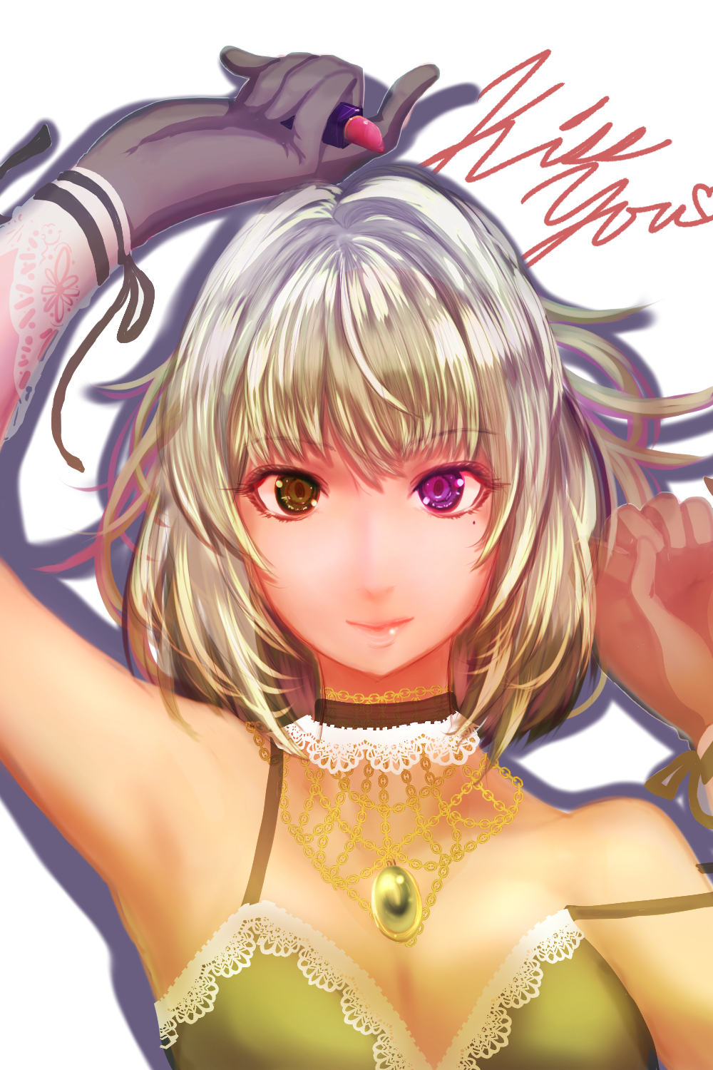 1girl armpits bangs black_choker blonde_hair bra breasts choker cleavage closed_mouth commentary_request dearmybrothers drop_shadow eyebrows_visible_through_hair gloves green_bra green_eyes heterochromia highres holding idolmaster idolmaster_cinderella_girls jewelry lipstick_tube looking_at_viewer medium_breasts necklace off_shoulder pink_lips short_hair smile solo strap_slip takagaki_kaede underwear upper_body violet_eyes white_background